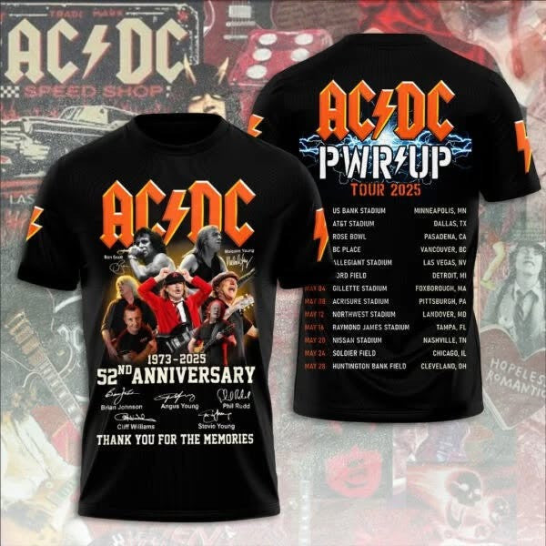 ACDC PWR UP Tour 2025 Shirt 52nd Anniversary Thank You For The Memories ACDC Merch
